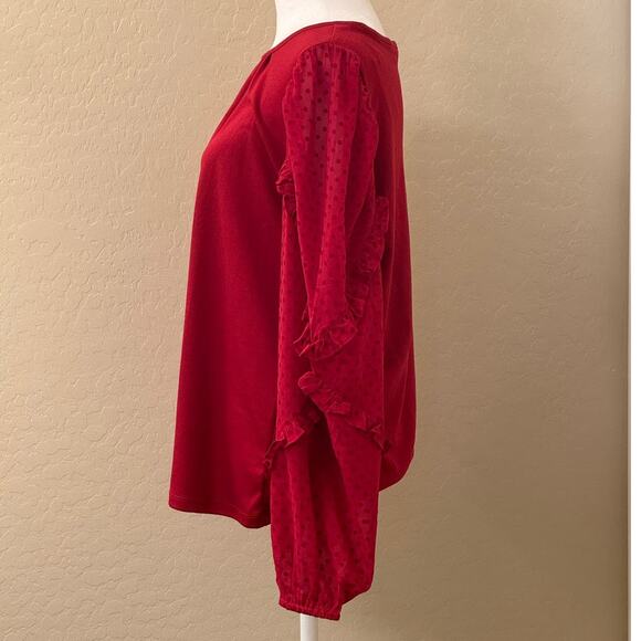 Loft Red Blouse Sheer Polka Dot Long Sleeve Size Medium - Picture 2 of 10